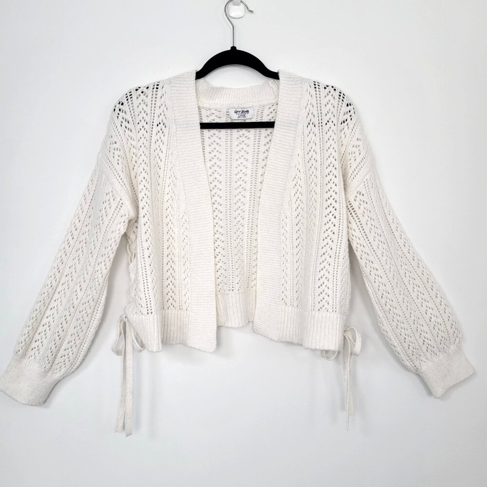 Love Knits Ivory White Crochet Tie-Side Cardigan Coquette Soft Girl